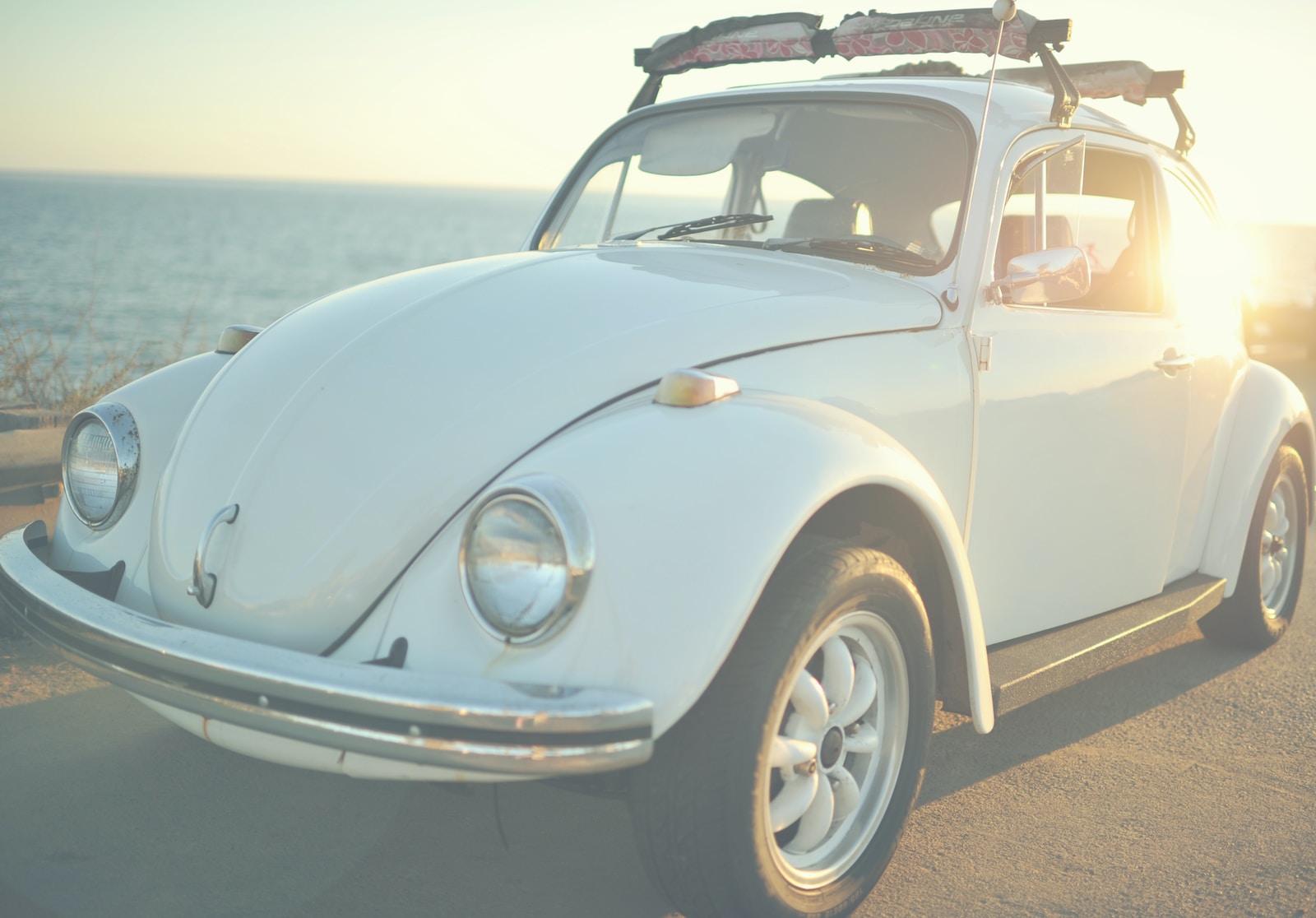 white Volkswagen Beetle on road at daytime